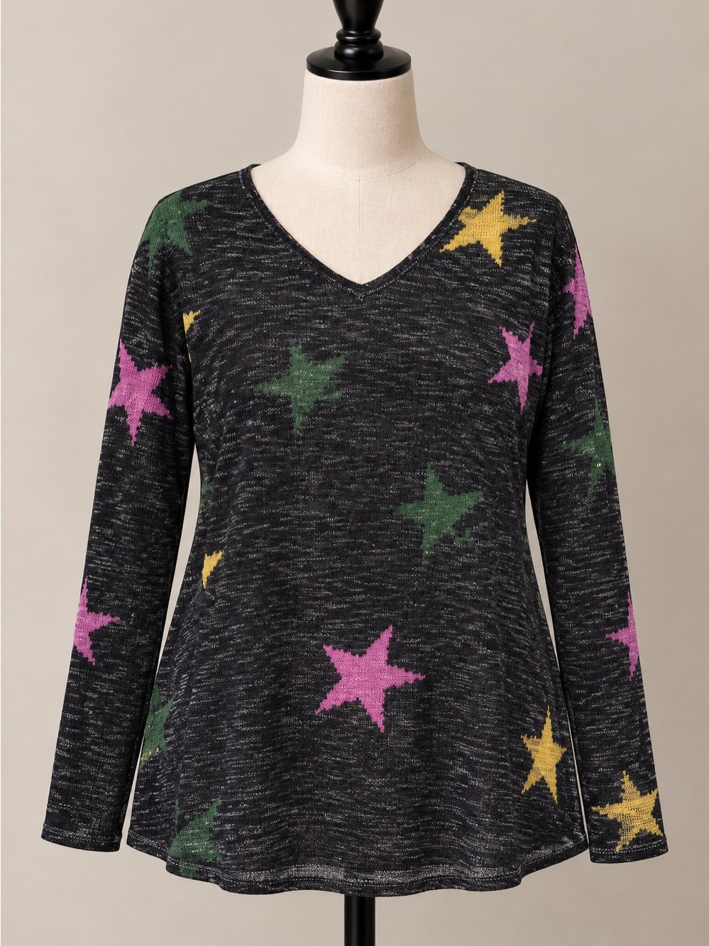 BiBi Black Knit Top with Pink/Purple  Yellow, & Teal Accents